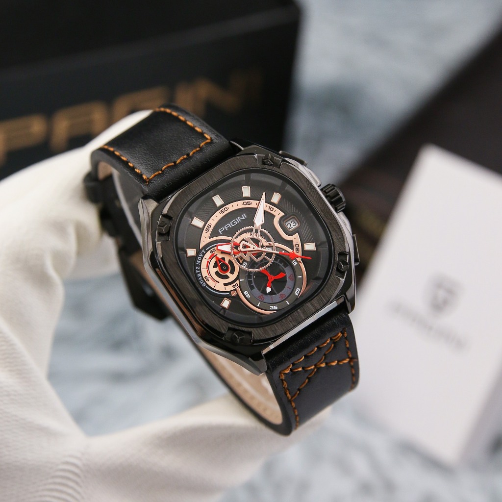 Đồng Hồ Nam Pagini Mặt Vuông PA1878 Dây Da Chống Xước Chống Nước - Hàng Chính Hãng