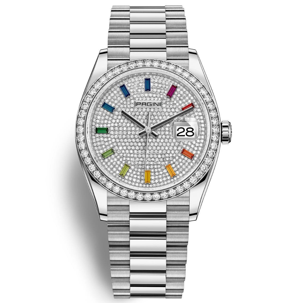 Đồng Hồ Nam Pagini 8855 Máy Pin - Dây Thép Không Gỉ - Viền Đính Đá Sang Trọng - Hiển Thị Lịch Ngày
