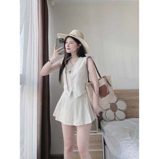 set đồ nữ áo sát nách gile mix quần váy xếp ly dáng ngắn đen kem vải linen mát màu hè thiết kế NINA LE TỰ MAY LẠI hu