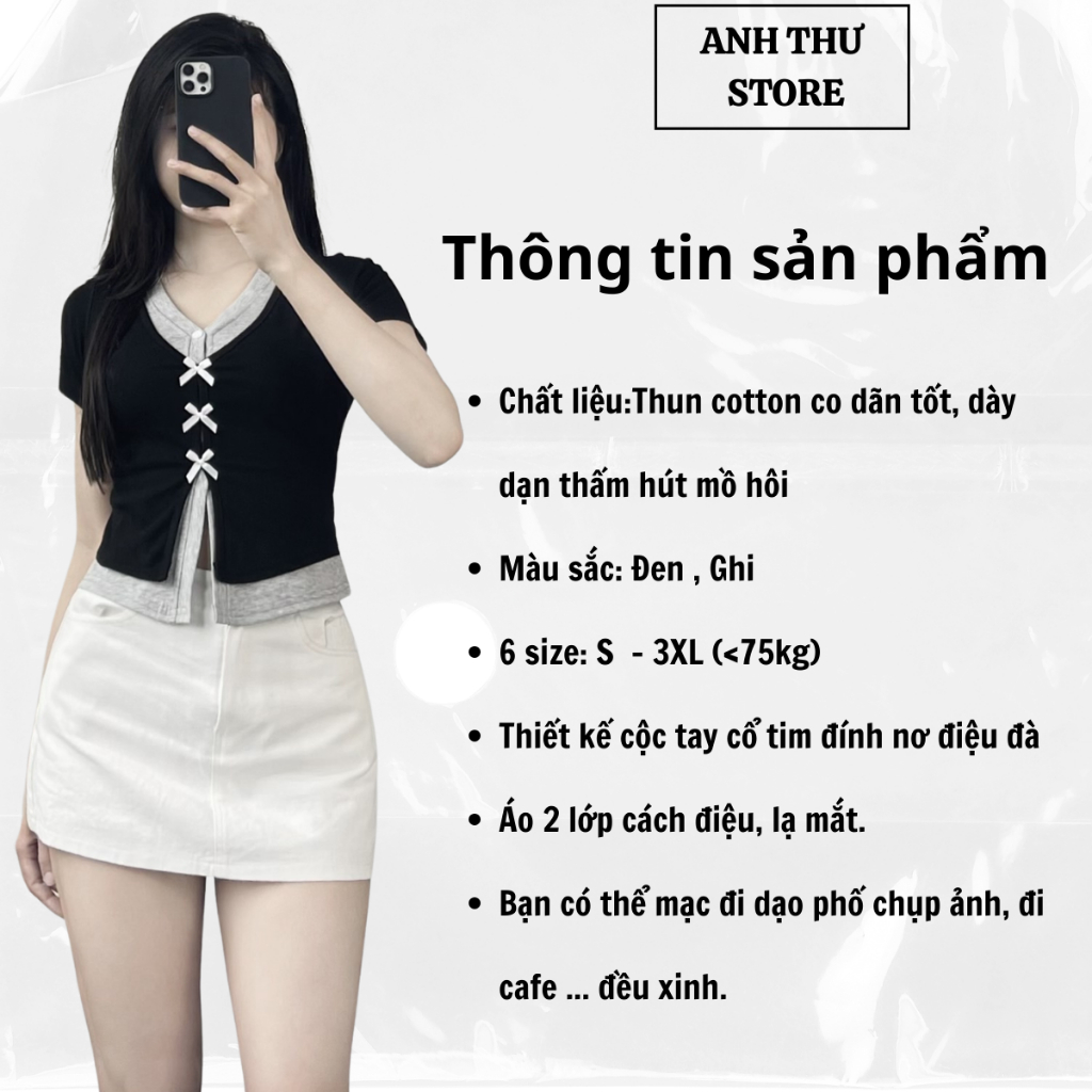 Áo Thun Nữ Cotton Cộc Tay Cổ Tim Đính Nơ 2 Lớp Phối Màu Điệu Đà Form Ôm BigSize MiSoul, Áo Cộc Tay Cổ Tim Đính Nơ 376 | BigBuy360 - bigbuy360.vn