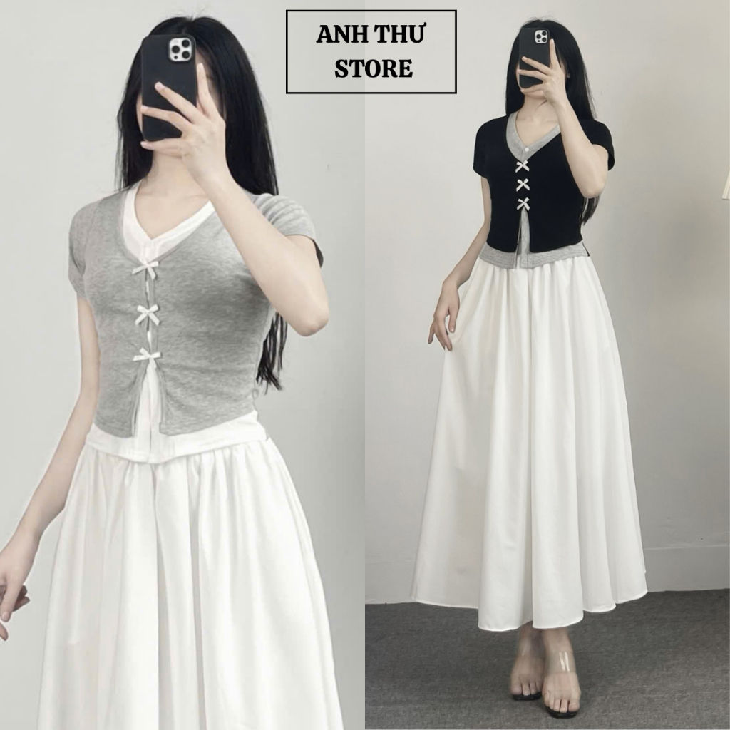 Áo Thun Nữ Cotton Cộc Tay Cổ Tim Đính Nơ 2 Lớp Phối Màu Điệu Đà Form Ôm BigSize MiSoul, Áo Cộc Tay Cổ Tim Đính Nơ 376 | BigBuy360 - bigbuy360.vn