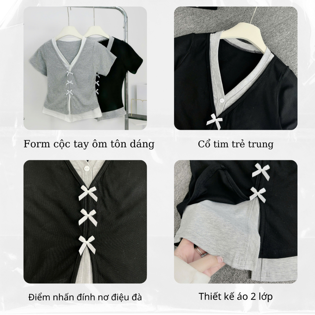 Áo Thun Nữ Cotton Cộc Tay Cổ Tim Đính Nơ 2 Lớp Phối Màu Điệu Đà Form Ôm BigSize MiSoul, Áo Cộc Tay Cổ Tim Đính Nơ 376 | BigBuy360 - bigbuy360.vn