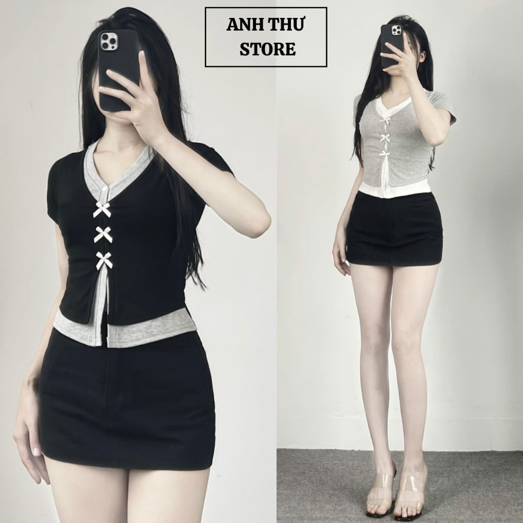 Áo Thun Nữ Cotton Cộc Tay Cổ Tim Đính Nơ 2 Lớp Phối Màu Điệu Đà Form Ôm BigSize MiSoul, Áo Cộc Tay Cổ Tim Đính Nơ 376 | BigBuy360 - bigbuy360.vn