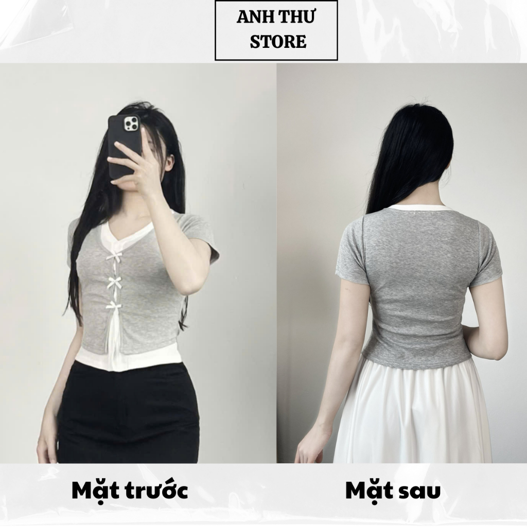 Áo Thun Nữ Cotton Cộc Tay Cổ Tim Đính Nơ 2 Lớp Phối Màu Điệu Đà Form Ôm BigSize MiSoul, Áo Cộc Tay Cổ Tim Đính Nơ 376 | BigBuy360 - bigbuy360.vn