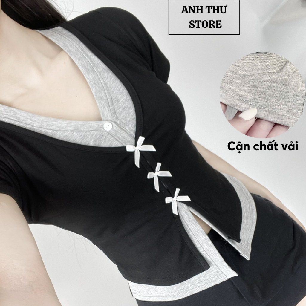 Áo Thun Nữ Cotton Cộc Tay Cổ Tim Đính Nơ 2 Lớp Phối Màu Điệu Đà Form Ôm BigSize MiSoul, Áo Cộc Tay Cổ Tim Đính Nơ 376 | BigBuy360 - bigbuy360.vn