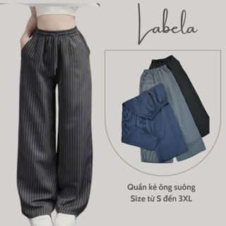 Quần dài kẻ Labela, Quần ống rộng nữ sọc dọc lưng thun chất mát dáng suông mặc nhà đi chơi 412