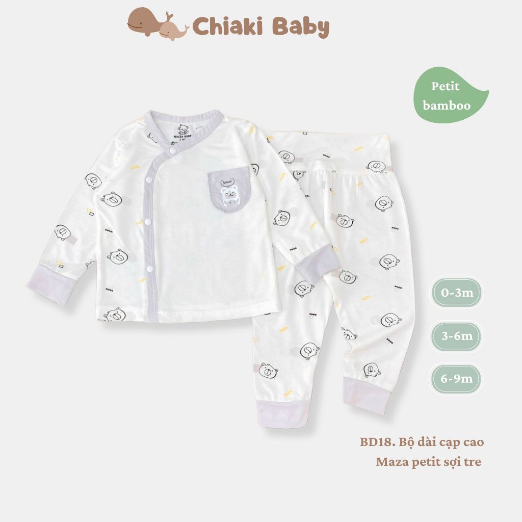 Bộ quần áo sơ sinh cạp cao Maza vải petit mềm mát phối túi xinh cho bé từ 3-8kg BD18