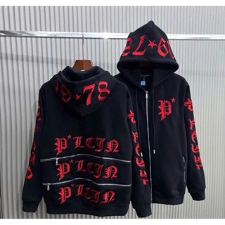  Áo Khoác Nỉ Philipp 1978 Thêu Chữ Đỏ Khóa Lưng      Áo Hoddie Philipp Dáng Rộng Dày Dặn Nam Nữ 