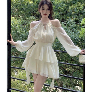  Váy tiểu thư voan tơ hở vai đính ngọc dáng xòe 2 tầng Đầm dự tiệc ăn cưới bánh bèo tay dài bồng trong T90G MONOKA SHOP 