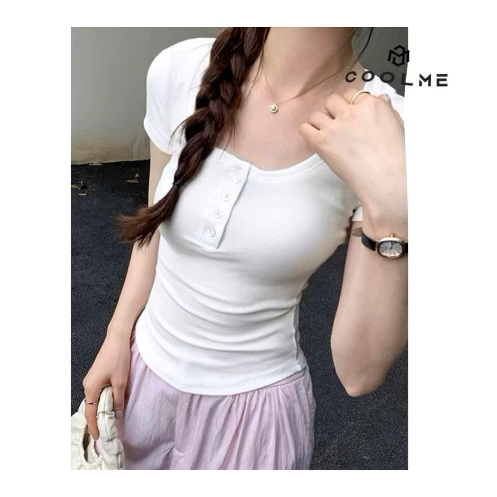 Áo thun nữ ôm body Coolme, áo kiểu nữ vạt bầu ngắn tay có cúc cổ cúp ngực chất thun tăm phong cách Hàn Quốc-GCC | BigBuy360 - bigbuy360.vn
