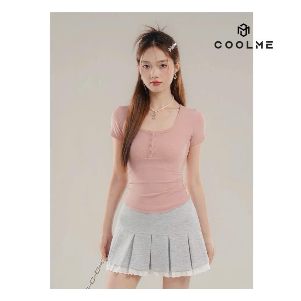 Áo thun nữ ôm body Coolme, áo kiểu nữ vạt bầu ngắn tay có cúc cổ cúp ngực chất thun tăm phong cách Hàn Quốc-GCC | BigBuy360 - bigbuy360.vn
