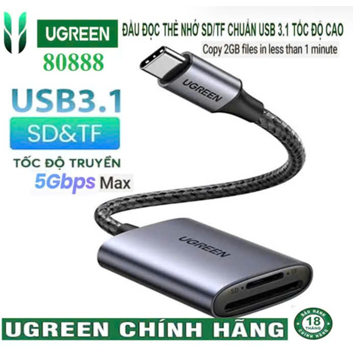 Đầu đọc thẻ SD/TF Ugreen 80888 CM401(USB C 3.1 truyền dử liệu 5Gbps,đọc thẻ 2TB) Vỏ Nhôm Cao Cấp