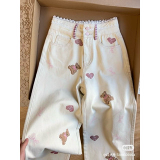 Quần jeans cạp cao họa tiết gấu trái tim nơ cỡ lớn cho nữ mùa xuân phong cách nóng bỏng quần kẻ caro bo gấu