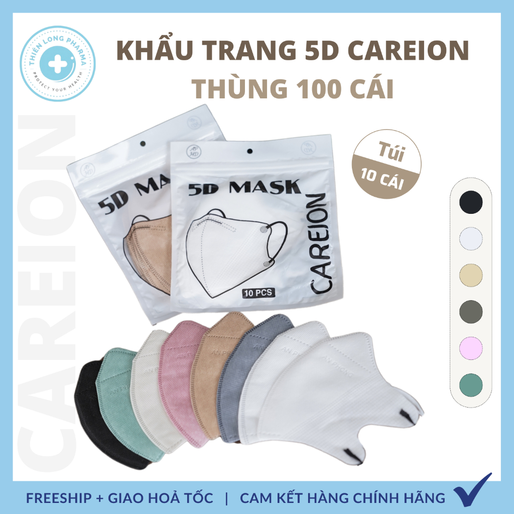 [Thùng 100 Chiếc] Khẩu trang 5D THÁI LAN, 5D MASK CAREION kháng khuẩn dày dặn nhiều màu sắc