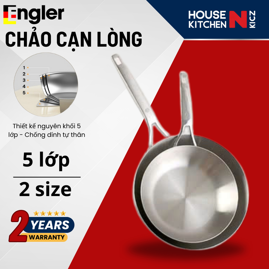 Chảo inox 304 cạn lòng Engler đáy 5 lớp đúc nguyên khối từ Đức chống dính tự nhiên, BH chính hãng