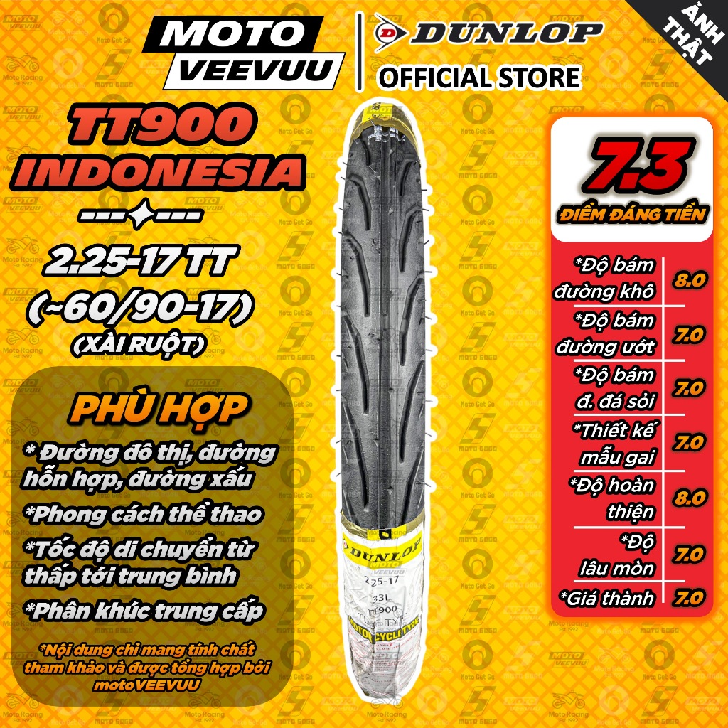 [MTVV] Vỏ lốp xe máy DUNLOP 2.25-17 TT TT900 Lốp xài ruột Indonesia<END>