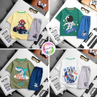 Bộ Cho Bé Trai Thun Cotton VNXK Size Đại 10-38kg Đồ Trẻ Em Cộc Tay In Hình 3D Siêu Nhân, Labubu, Khủng Long J490