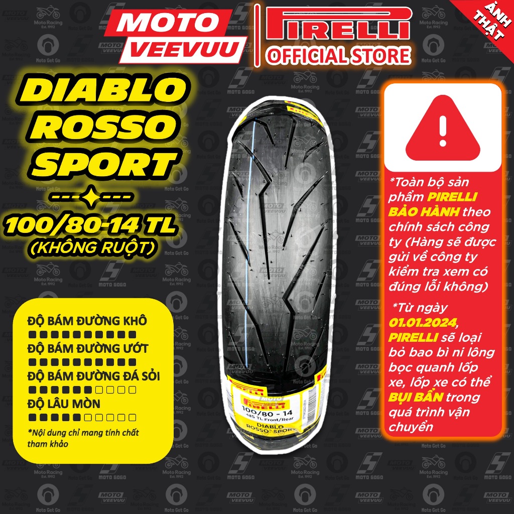 [MTVV] Vỏ lốp xe máy PIRELLI 100/80-14 TL Diablo Rosso Sport<END>
