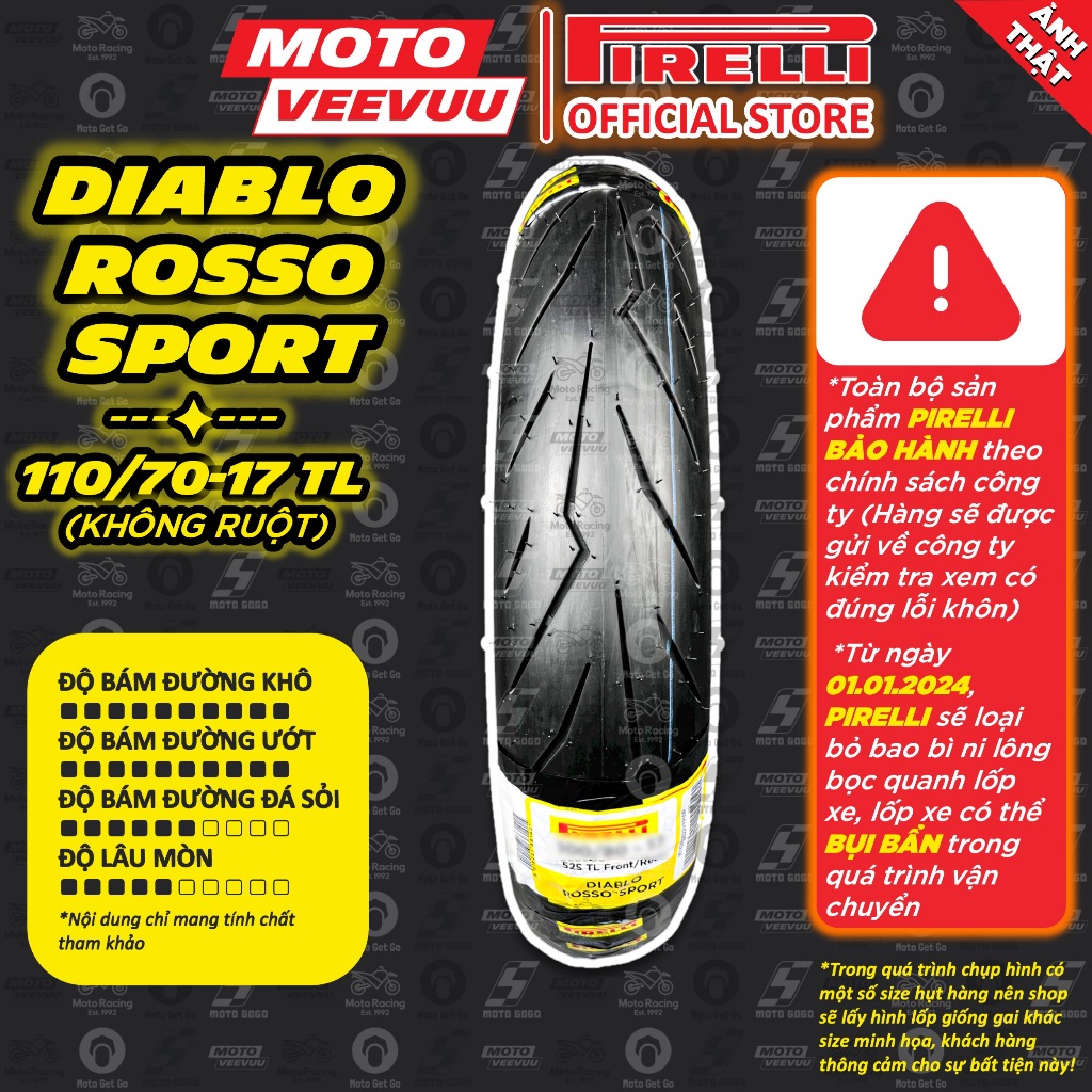 [MTVV] Vỏ lốp xe máy PIRELLI 110/70-17 TL Diablo Rosso Sport<END>
