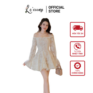 Váy Đẹp Dáng Ngắn Đi Biển Trễ Vai Xòe Bồng LECOONG V765 Đầm Tiểu Thư Màu Kem Sang Chảnh