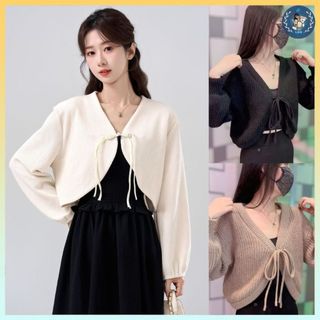   A413  Áo KHOÁC len nữ cardigan dệt kim TAY ĐÈN LỒNG phối DÂY NƠ KÉP kiểu dáng sang trọng - L2M 