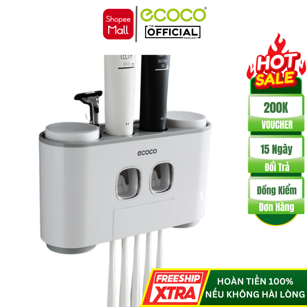 Bộ Nhả Kem Đánh Răng ECOCO 4 Cốc 2 Nhả Kem E1802, Kệ Để Bàn Chải Dán Tường Cao Cấp, Nhựa ABS
