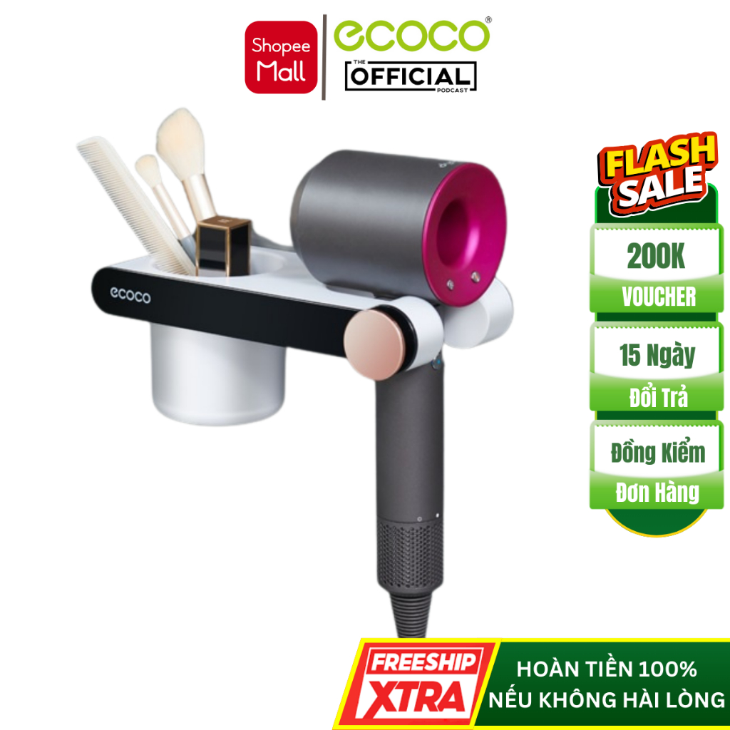 Giá Để Máy Sấy Tóc ECOCO, Kệ Treo Máy Sấy Tóc Kèm Cốc Đựng Đồ Tiện Lợi, Nhựa ABS Cao Cấp