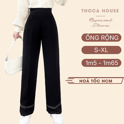 Quần ống rộng nữ cạp cao viền sọc THOCA HOUSE công sở, đi học đi làm