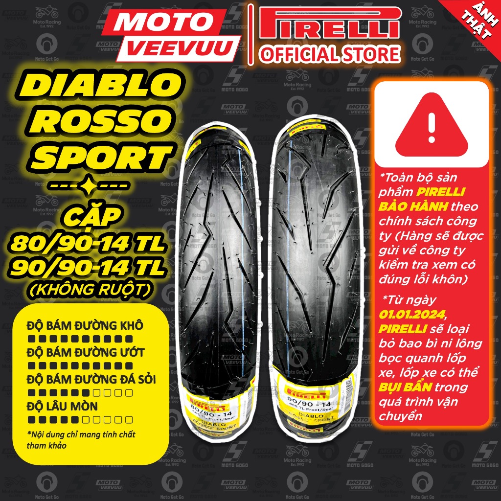 [MTVV] CẶP VỎ LỐP xe máy PIRELLI Rosso Sport 80/90-14 & 90/90-14 AB 125 150 Luvias Vario PCX Click V