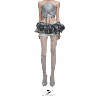  ETS | ZD - ASHCLOUD SHORTS | chân váy bí sự kết hợp giữa denim và vải lưới loang màu trắng xám 