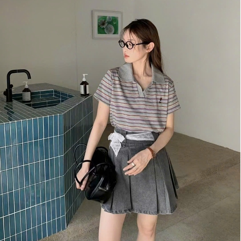 Chân váy denim xếp ly lưng cao phối nơ ren phong cách ulzzang_T4-51103