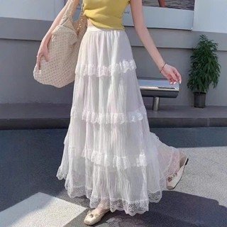 Chân váy dài, chân váy ren dáng midi hàng QCCC màu trắng kem 4 tầng đi biển phong cách bánh bèo tiểu thư đi làm đi chơi