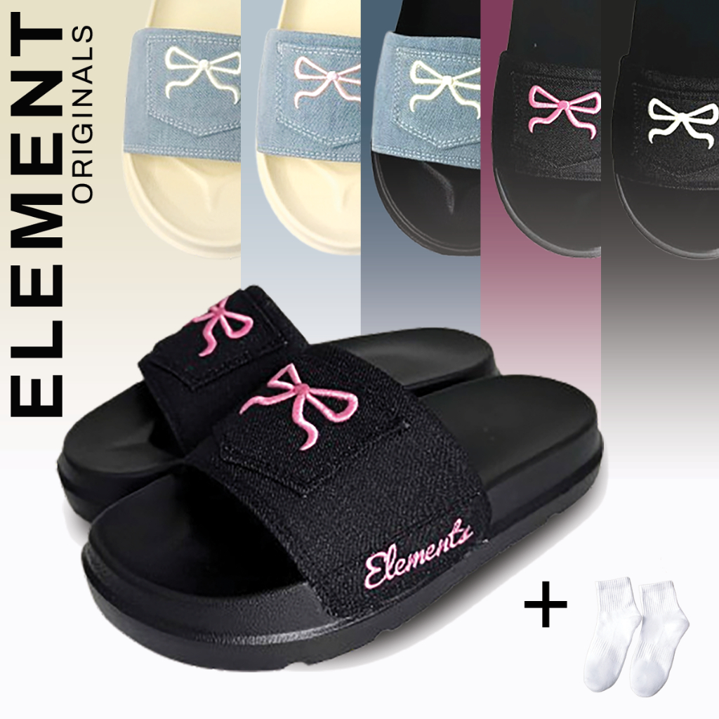 [TẶNG VỚ] E13 -  Dép ELements Denim Bow họa tiết túi nơ chữ thêu  - (Slipper) Dép Elements vải jean