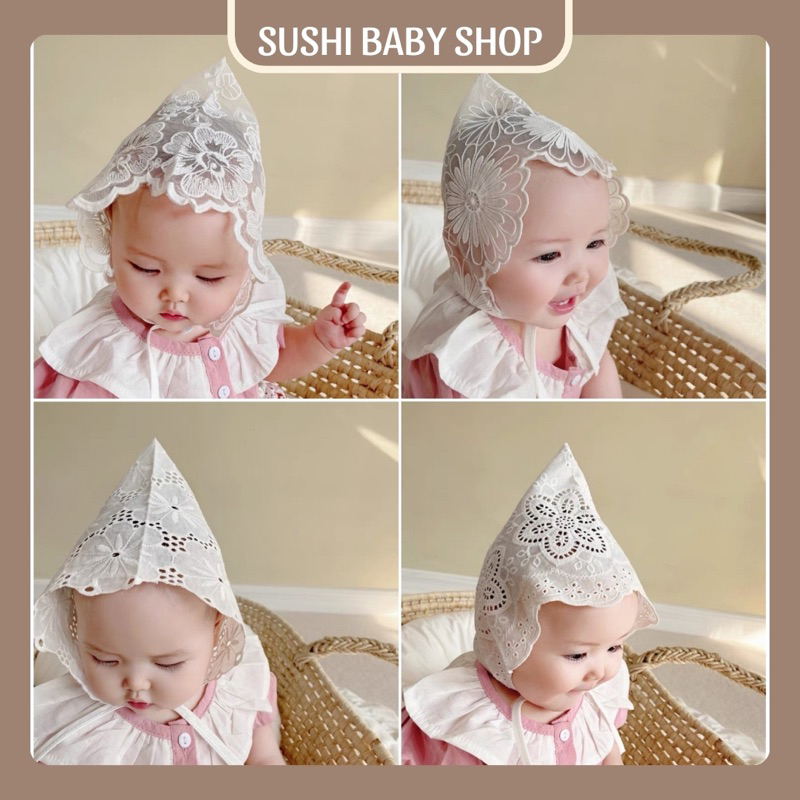 Mũ ren cho bé gái SUSHI BABY SHOP mũ trắng che thóp sơ sinh đầy tháng thôi nôi chụp ảnh phong cách H