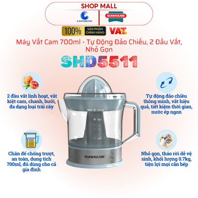 [HỎA TỐC] Máy vắt cam SUNHOUSE SHD5511 - Dung tích 700ml - Tự động đảo chiều, 2 đầu vắt - Hàng chính hãng