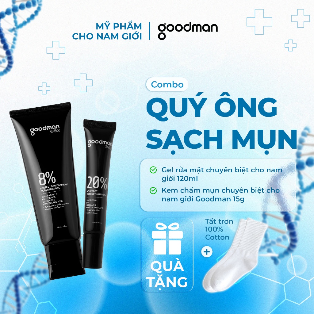 Combo Quý Ông Sạch Mụn: Sữa Rửa Mặt Goodman 120ml + Kem Chấm Mụn Cấp Tốc 15g GOODMAN