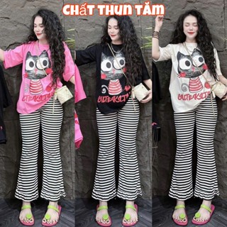 Set bộ thun loe, BỘ NỮ BigSize Hằng Moon ÁO IN HÌNH MÈO PHỐI QUẦN SỌC LOE BÈO