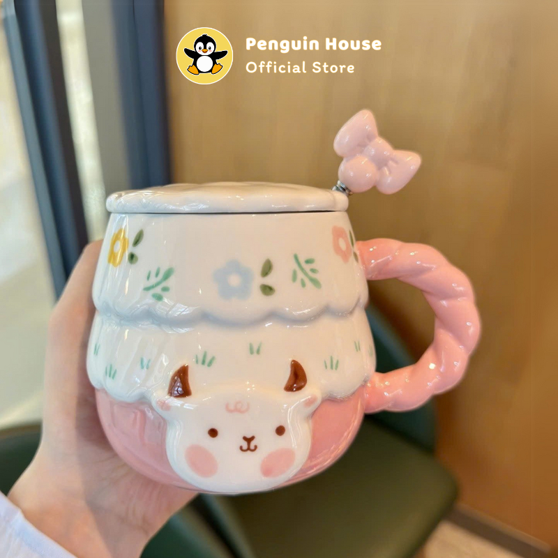 [Penguin] Quà tặng sinh nhật cốc sứ cute, cốc uống nước hình Cừu Non - Cốc, ly sứ uống nước cute