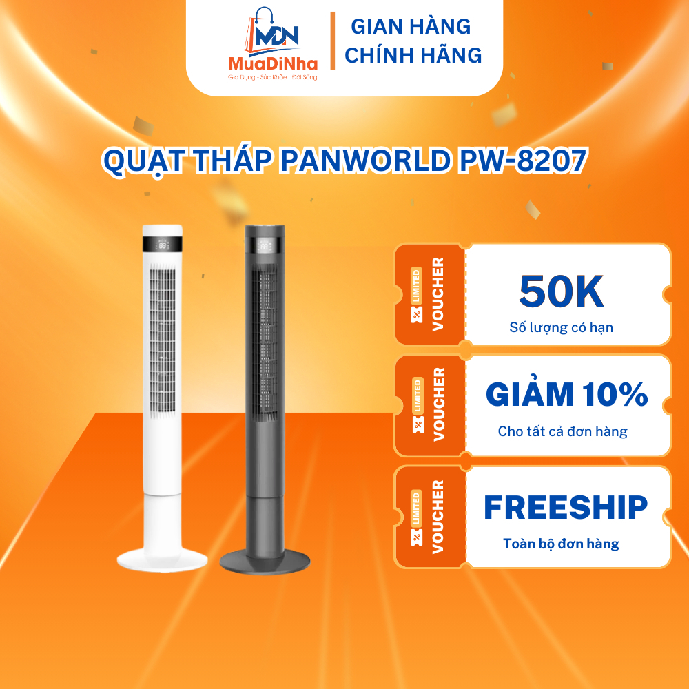 Quạt Tháp Panworld PW-8207, Quạt Không Cánh Điều Hòa Đối Lưu Không Khí Có Remote Xoay 90 Độ BH 2 Năm
