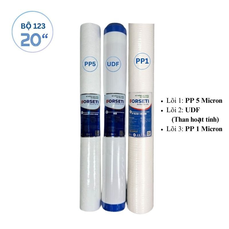 Bộ 3 LÕI lọc xử lý nước đầu nguồn 20 inch dùng cho các máy lọc nước bán công nghiệp Forseti