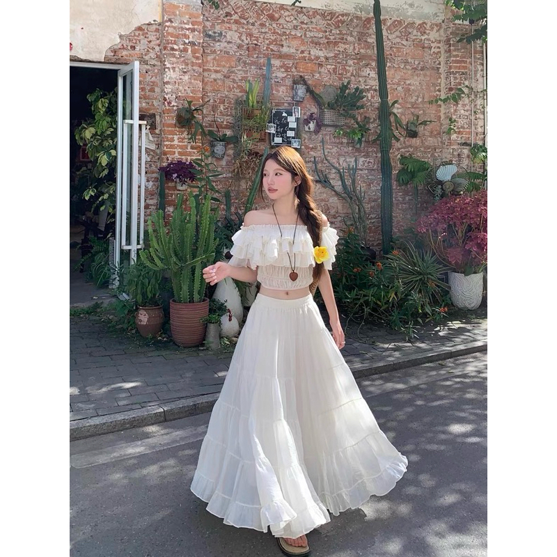 Set áo croptop trễ vai bèo phối chân váy dài xoè TABISHOP Set đồ nữ dễ thương mặc đi chơi đi biển sang chảnh(106) | BigBuy360 - bigbuy360.vn