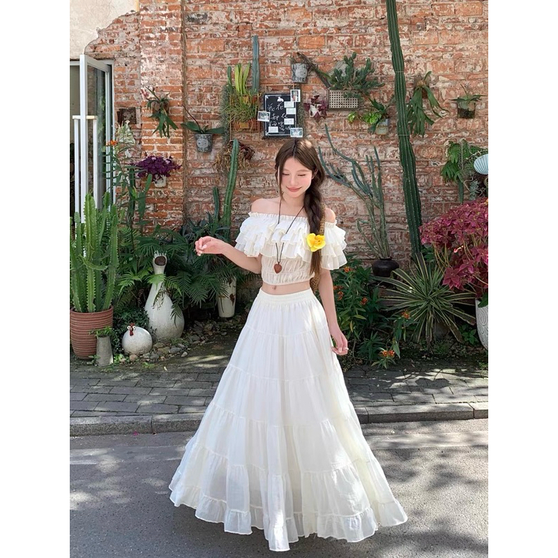Set áo croptop trễ vai bèo phối chân váy dài xoè TABISHOP Set đồ nữ dễ thương mặc đi chơi đi biển sang chảnh(106) | BigBuy360 - bigbuy360.vn