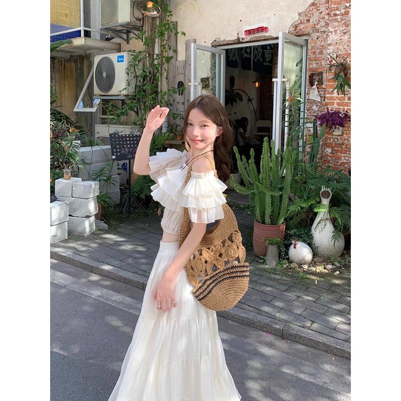 Set áo croptop trễ vai bèo phối chân váy dài xoè TABISHOP Set đồ nữ dễ thương mặc đi chơi đi biển sang chảnh(106) | BigBuy360 - bigbuy360.vn