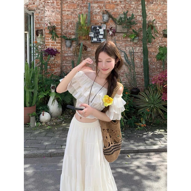 Set áo croptop trễ vai bèo phối chân váy dài xoè TABISHOP Set đồ nữ dễ thương mặc đi chơi đi biển sang chảnh(106) | BigBuy360 - bigbuy360.vn