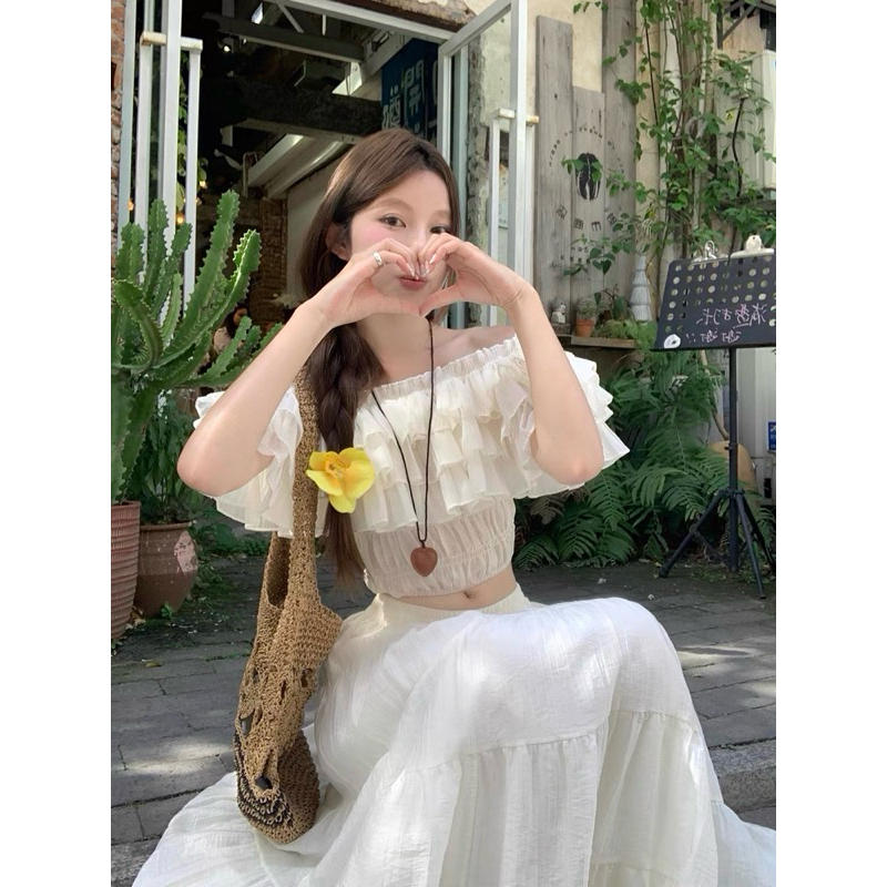 Set áo croptop trễ vai bèo phối chân váy dài xoè TABISHOP Set đồ nữ dễ thương mặc đi chơi đi biển sang chảnh(106) | BigBuy360 - bigbuy360.vn