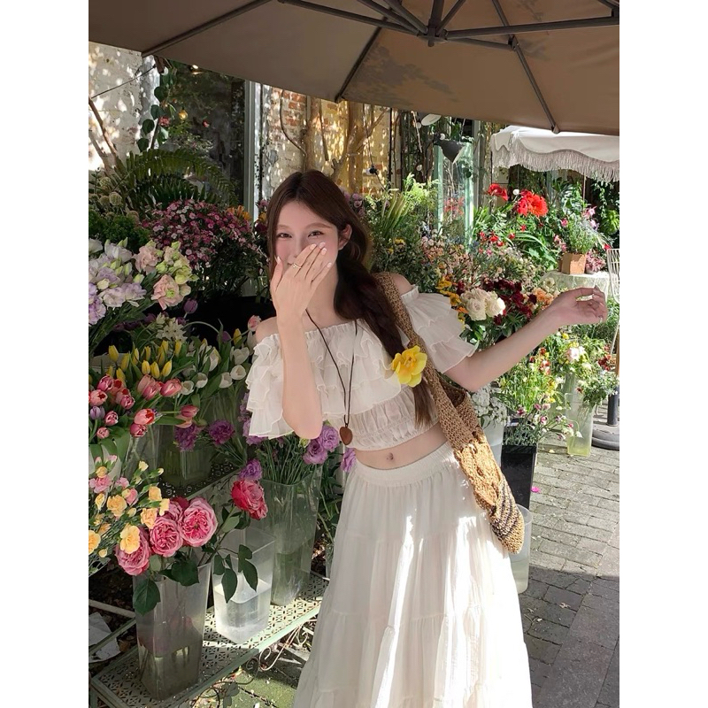 Set áo croptop trễ vai bèo phối chân váy dài xoè TABISHOP Set đồ nữ dễ thương mặc đi chơi đi biển sang chảnh(106) | BigBuy360 - bigbuy360.vn