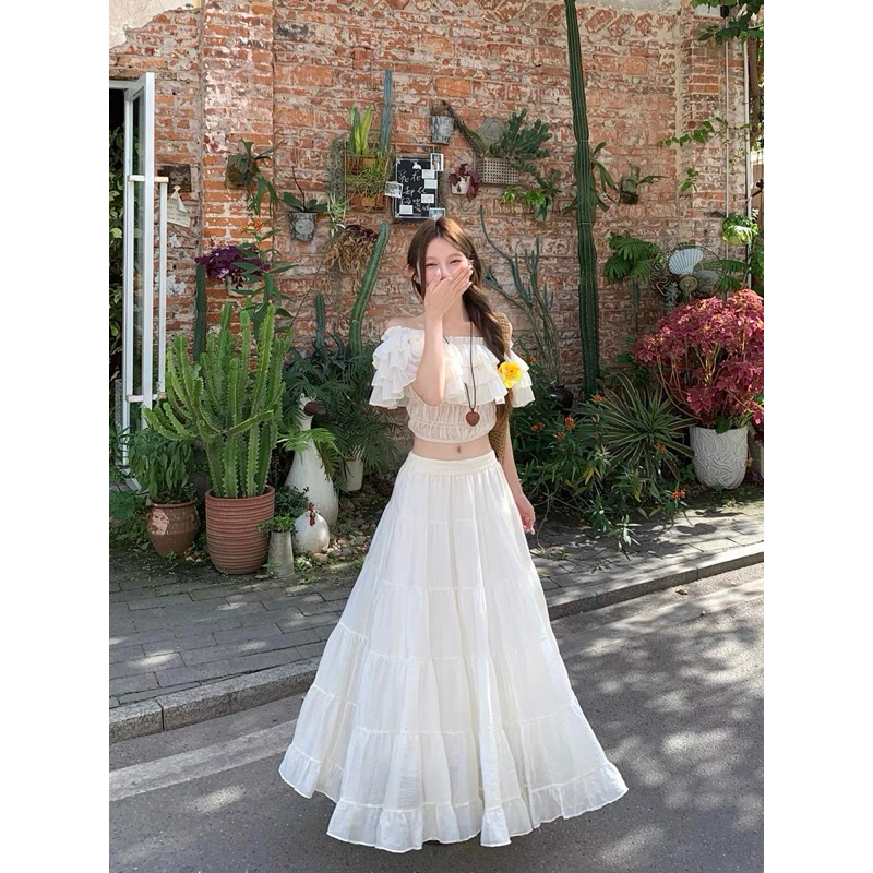 Set áo croptop trễ vai bèo phối chân váy dài xoè TABISHOP Set đồ nữ dễ thương mặc đi chơi đi biển sang chảnh(106) | BigBuy360 - bigbuy360.vn