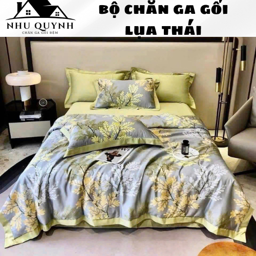 Bộ chăn ga lụa thái 4 món NHUQUYNH, chăn có bông chất liệu lụa mềm mịn mát