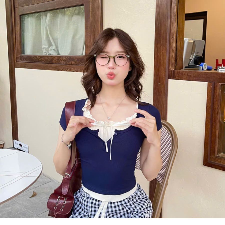 Áo thun tăm cộc tay phối bèo buộc dây MILASU áo nữ cổ tròn thoáng mát A392 | BigBuy360 - bigbuy360.vn