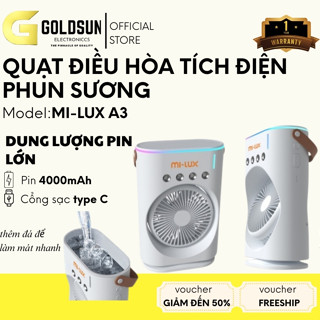 Quạt điều hòa tích điện, phun sương mini Mi-Lux A3/A3 Plus, đèn Led - Hàng chính hãng bảo hành 12 tháng